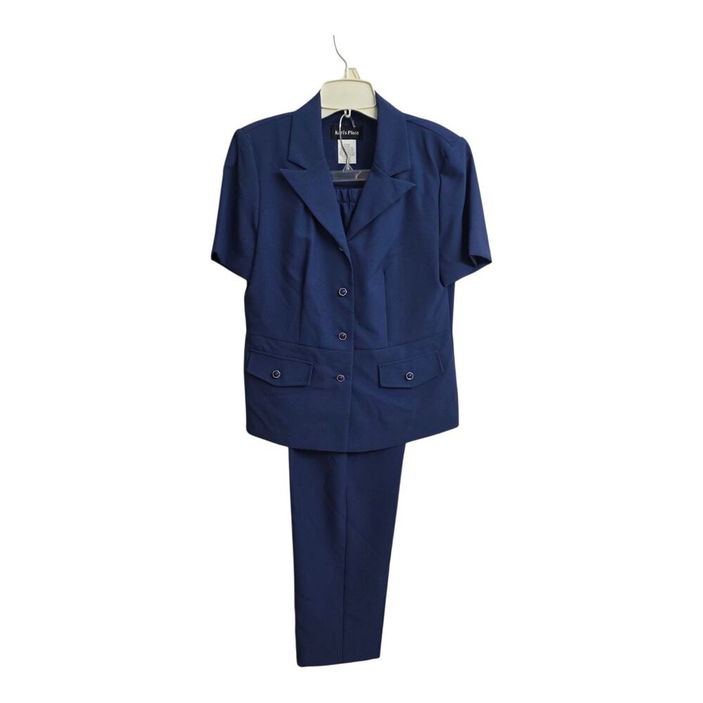 Karis Place Womens 2 Pc Pant Suit Blue Blazer Pants Career Office Outfit Size 8P